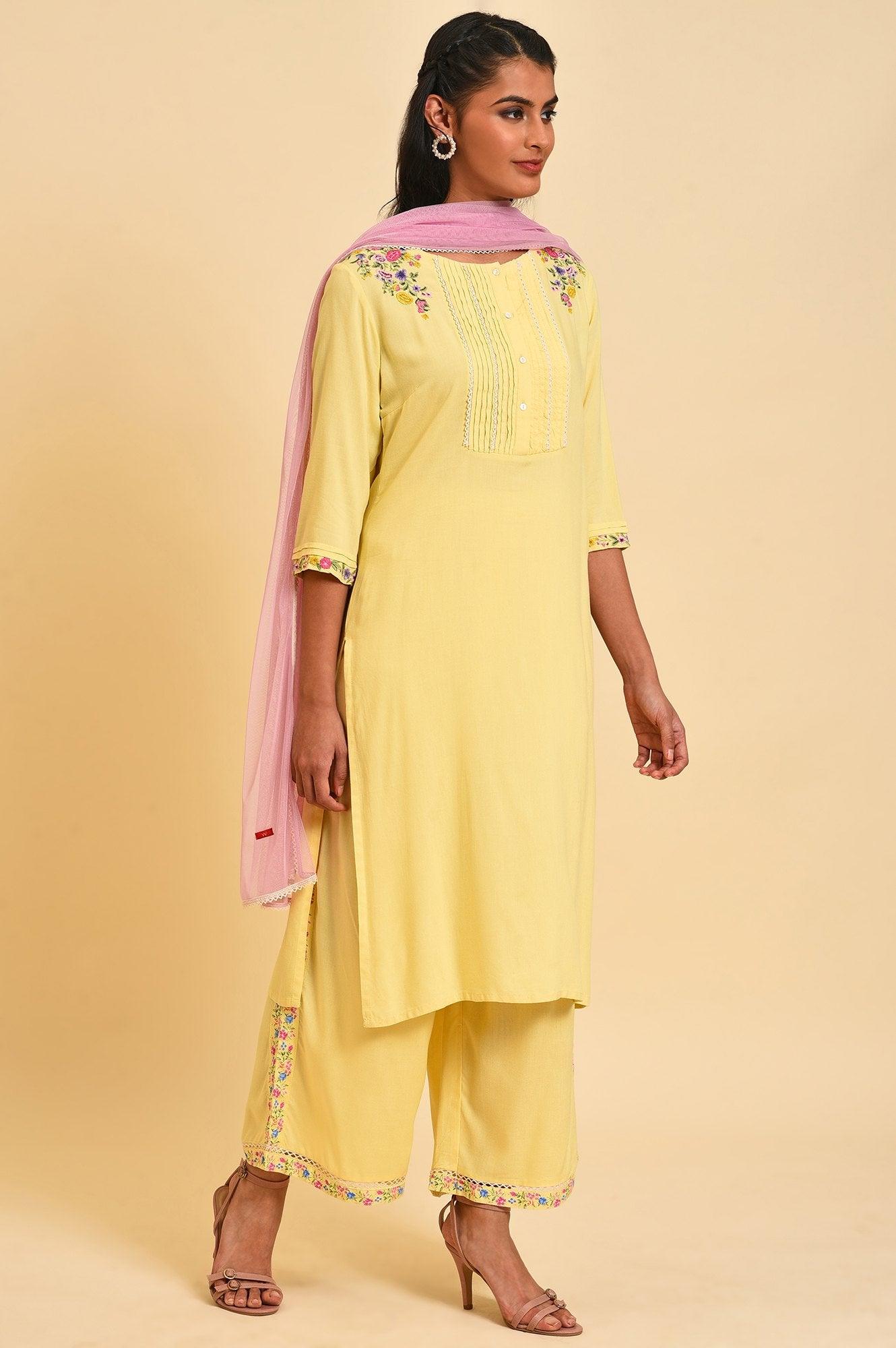 Light Yellow Embroidered kurta Set - wforwoman