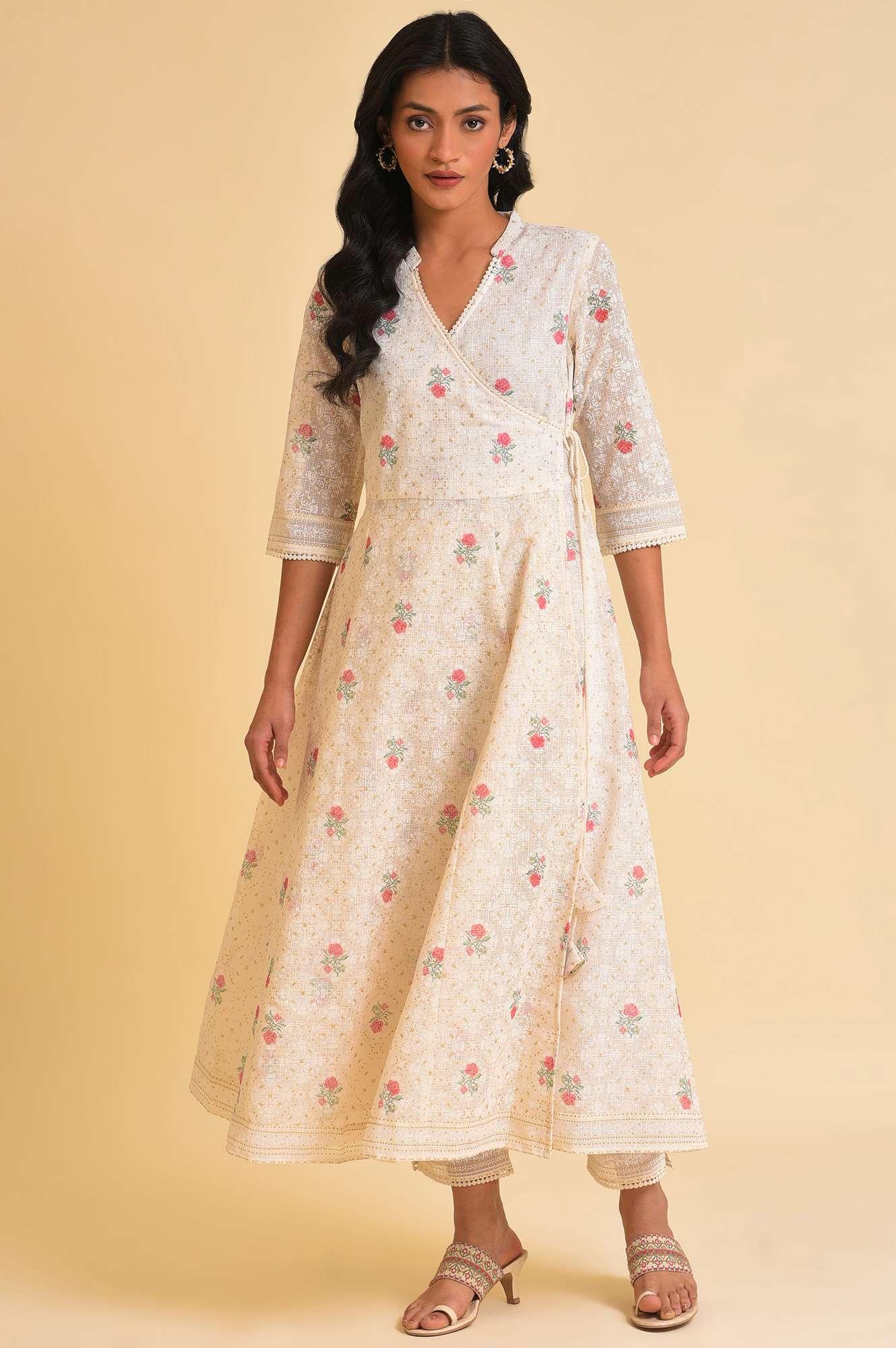Ecru Glitter Printed Angrakha kurta &amp; Pants Set - wforwoman
