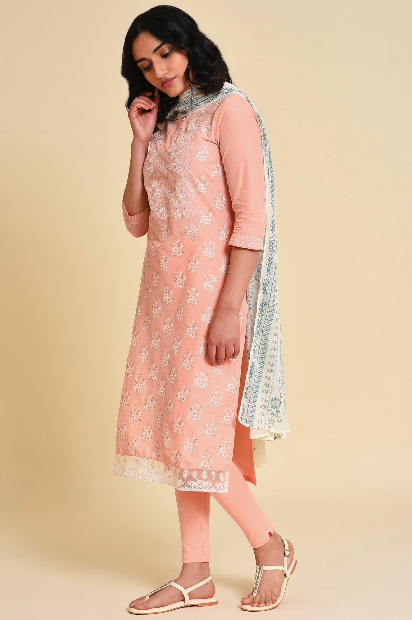 Peach Glitter Printed kurta Set - wforwoman