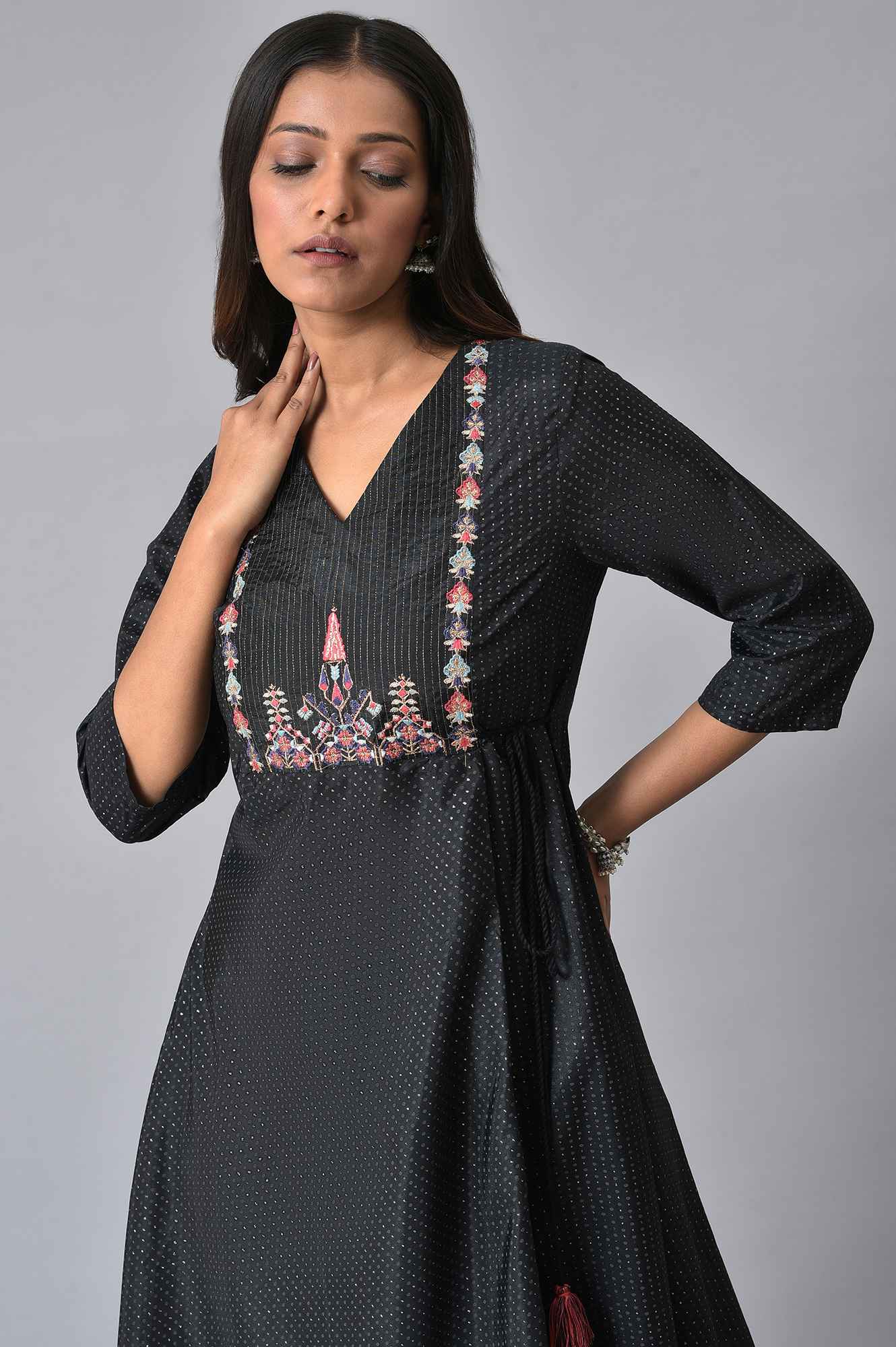 Black Thread Embroidery A-line Kurta and Slim Pant Set