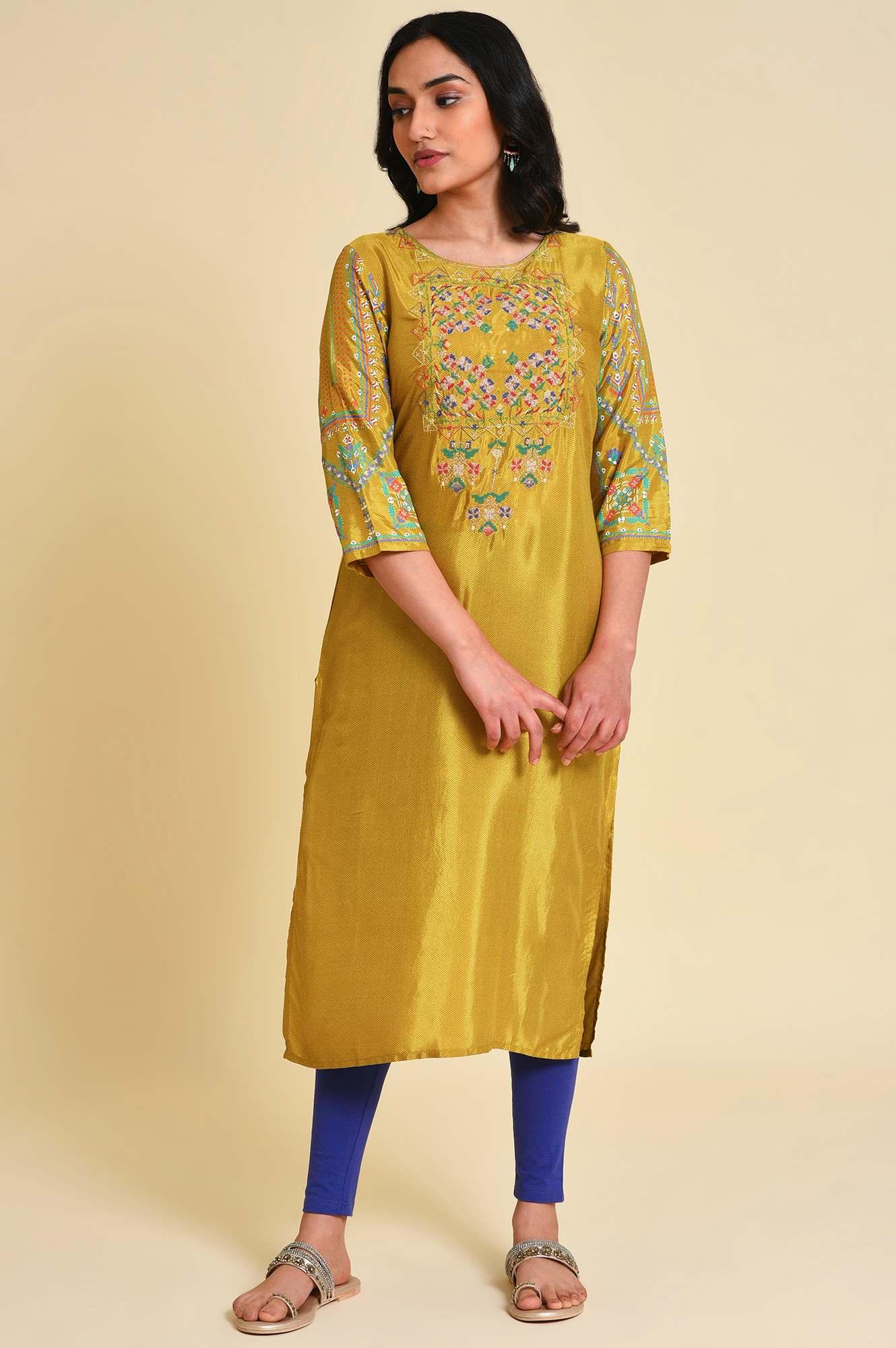 Mustard Embroidered kurta Set - wforwoman