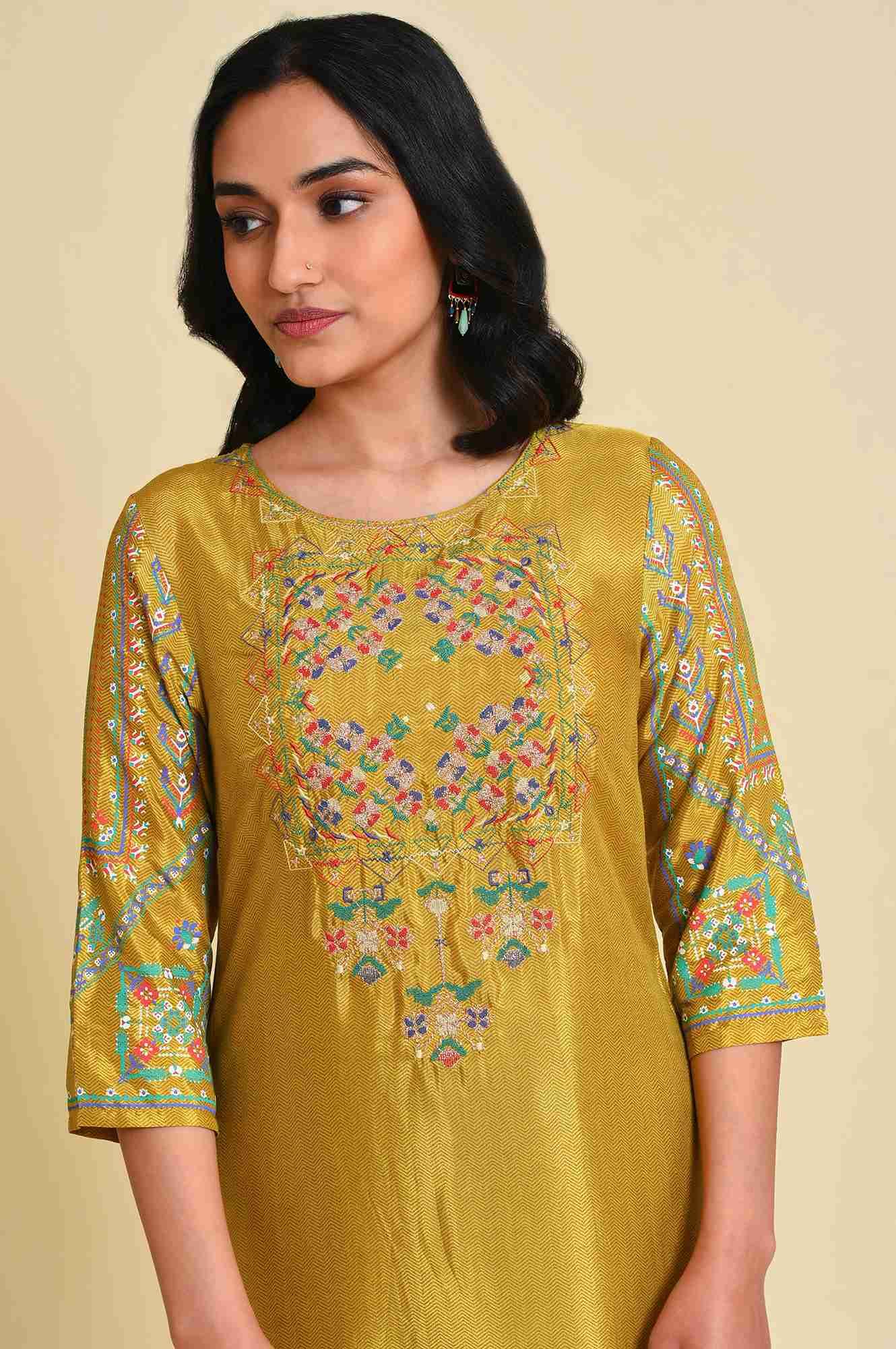 Mustard Embroidered kurta Set - wforwoman