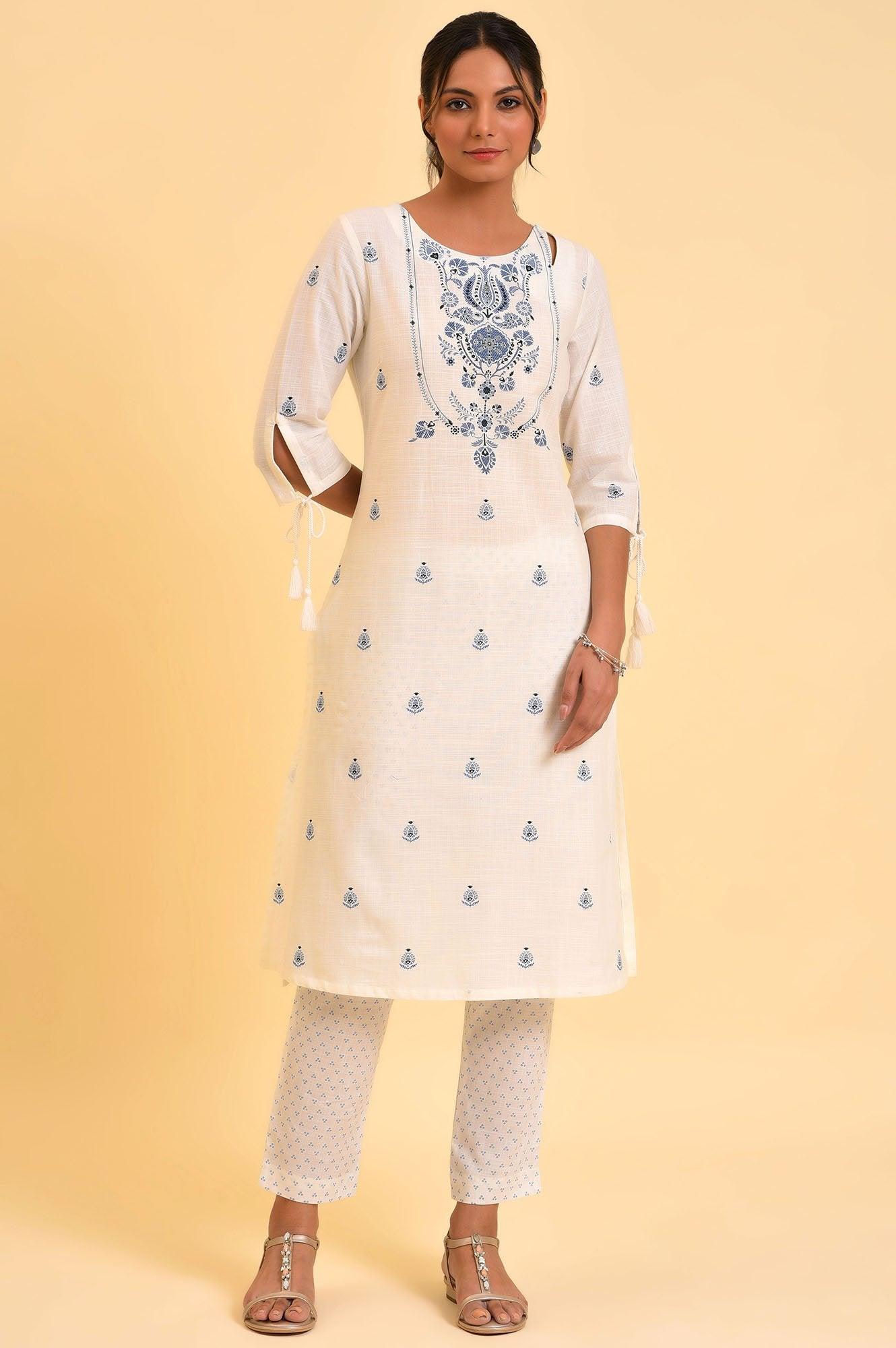 Ecru Floral Printed kurta &amp; Pants Set - wforwoman