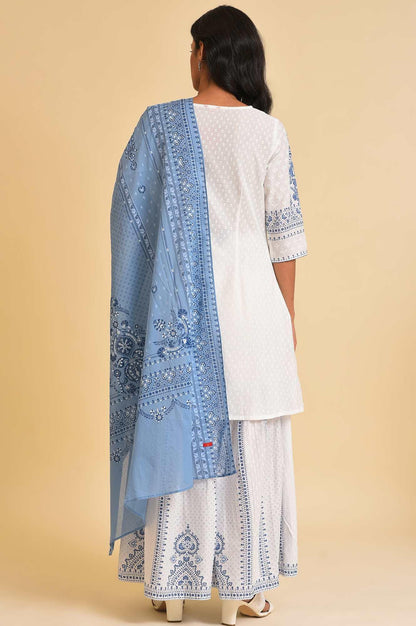 White Printed A-Line Short kurta, Sharara &amp; Dupatta Set - wforwoman
