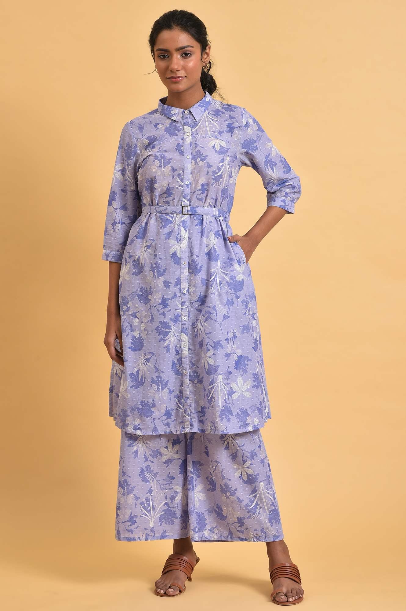 Plus Size Blue Floral Printed Women Co-Ord Set - wforwoman