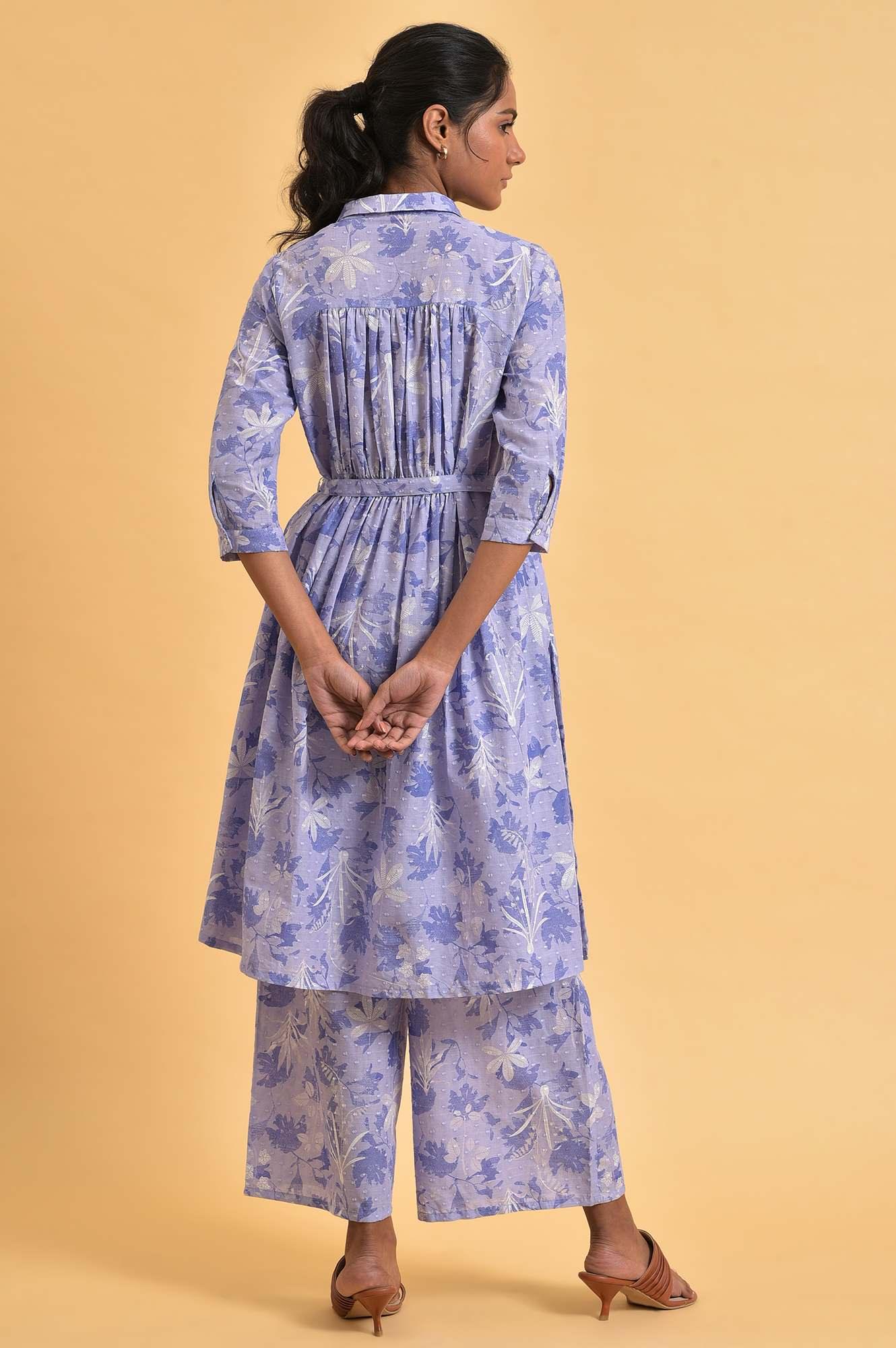 Plus Size Blue Floral Printed Women Co-Ord Set - wforwoman