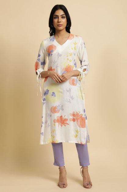 Ecru Floral Printed kurta Set - wforwoman