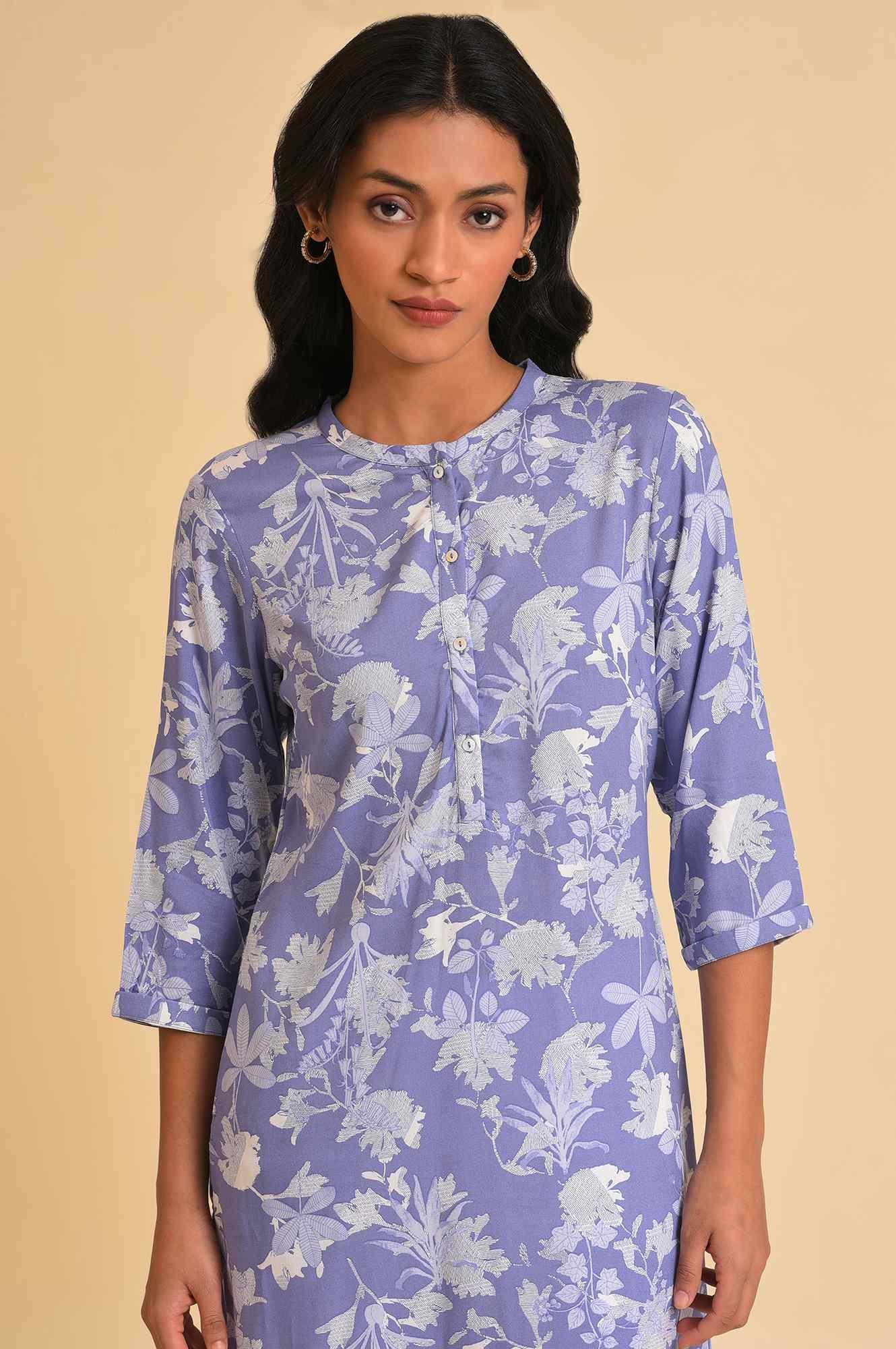 Blue Floral Printed kurta &amp; Pants Set - wforwoman