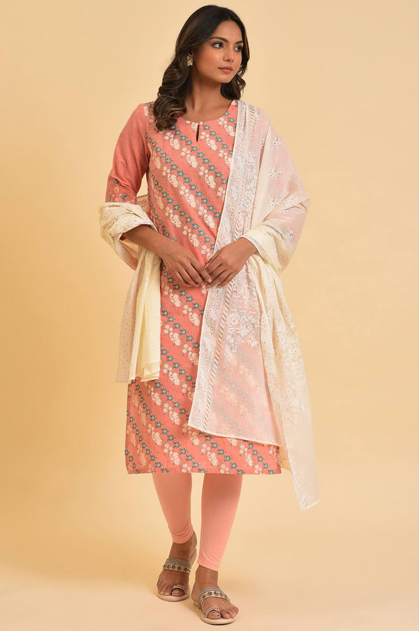 Peach Glitter Printed kurta, Tights & Dupatta Set