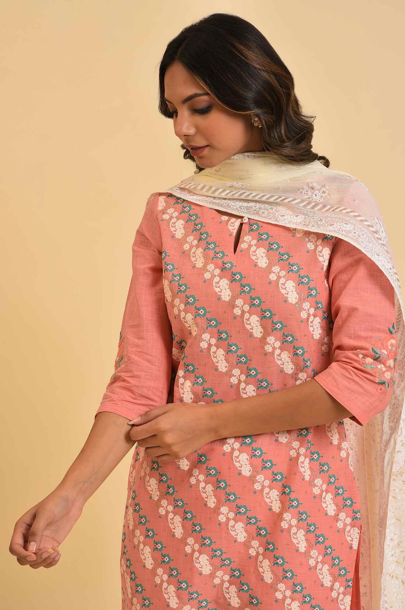 Peach Glitter Printed kurta, Tights &amp; Dupatta Set - wforwoman