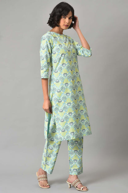 Light Green Printed kurta And Pants Co-Ord Set - wforwoman