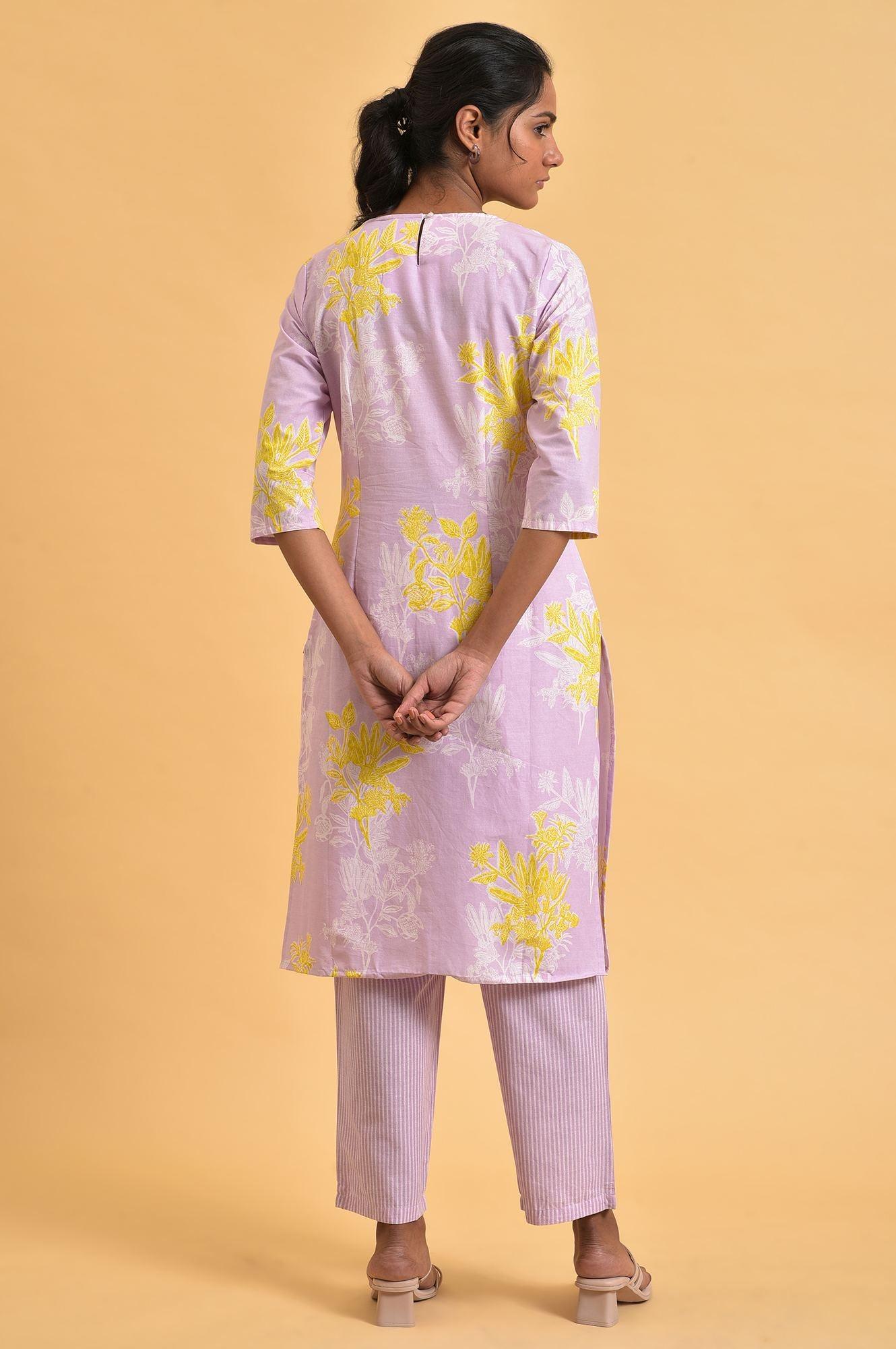 Light Purple Floral Print kurta Co-Ord Set - wforwoman