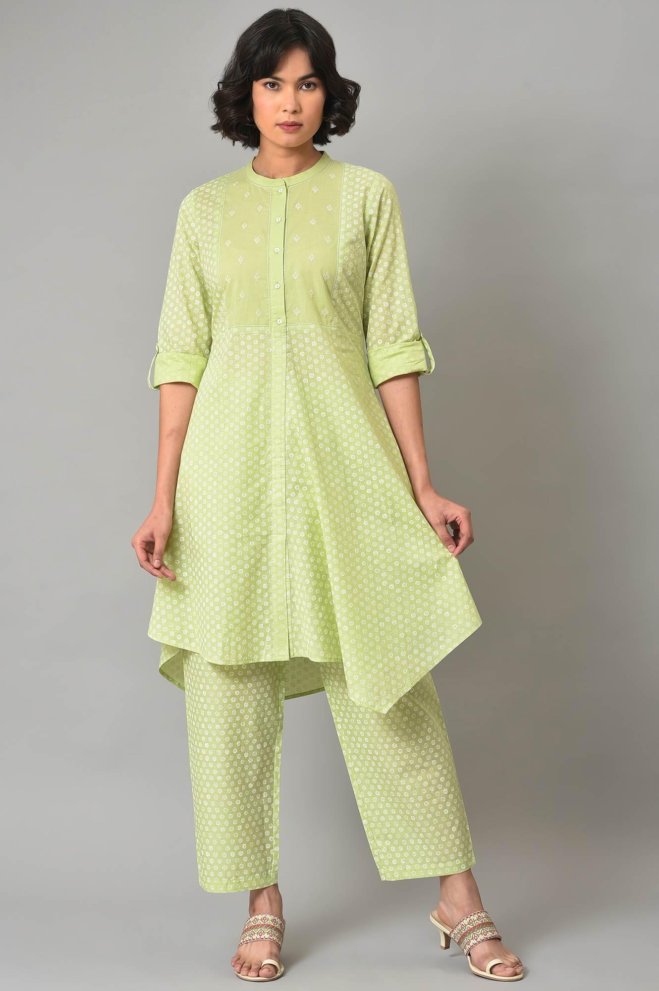 Pistachio Green Embroidered kurta And Pants Co-Ord Set - wforwoman