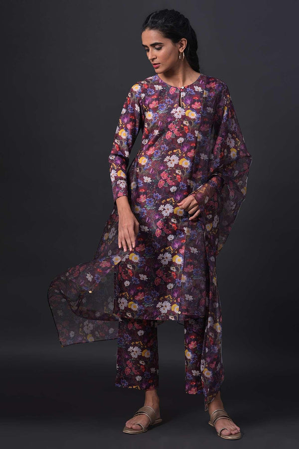 Dark Red Floral Print kurta With Straight Pants And Organza Dupatta