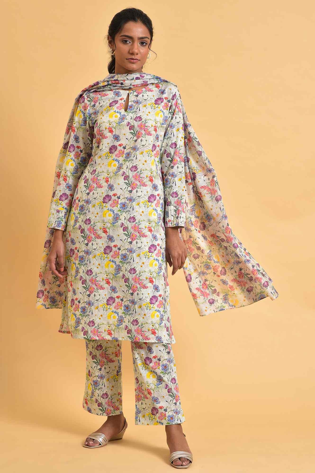 Ecru Floral Print-On-Print kurta Set - wforwoman