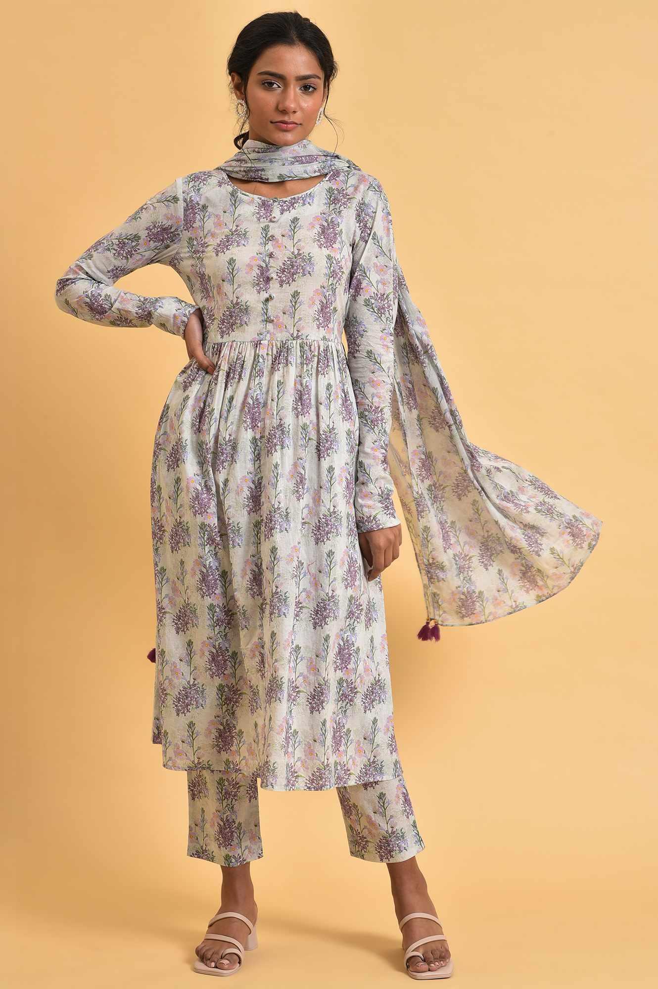 Ecru Floral Printed Cotton kurta Set - wforwoman