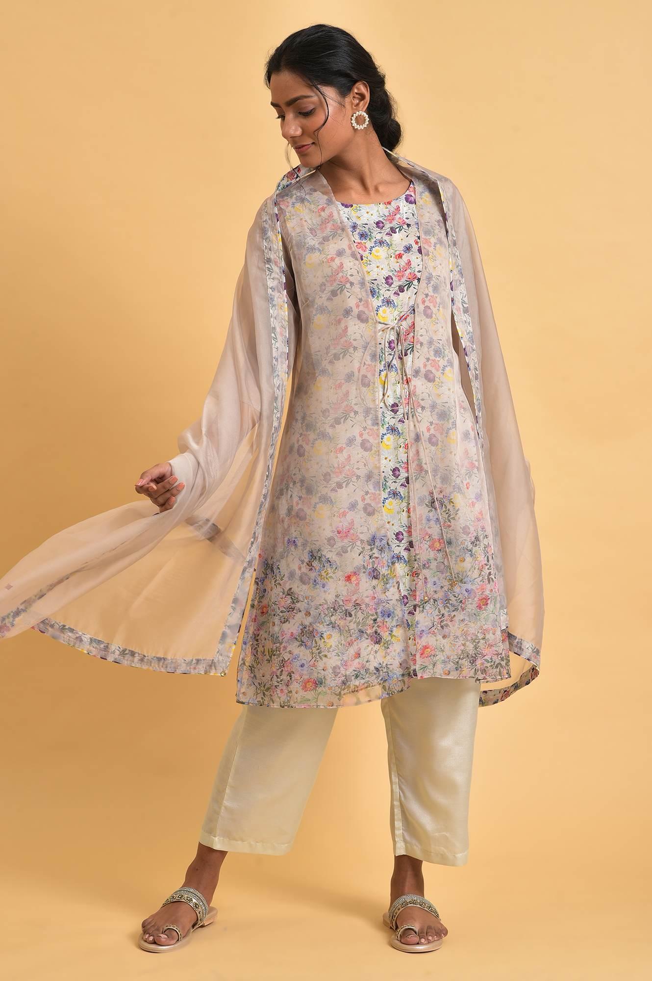 Ecru Floral Print Jacket kurta Set - wforwoman