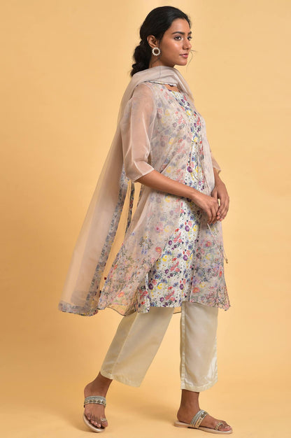 Ecru Floral Print Jacket kurta Set - wforwoman