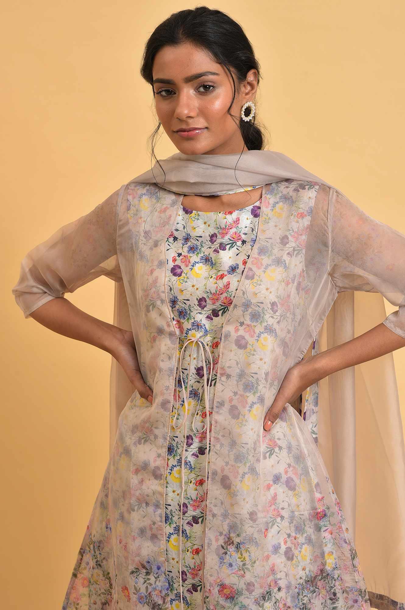 Ecru Floral Print Jacket kurta Set - wforwoman