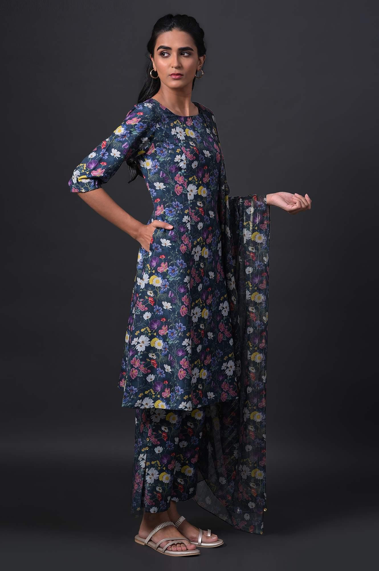 Dark Green Floral Print kurta With Straight Pants And Dupatta - wforwoman