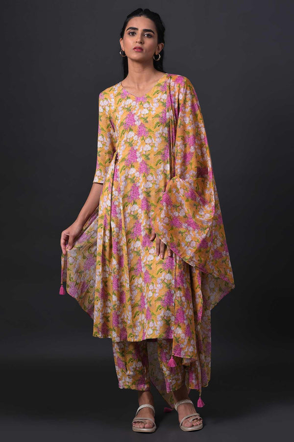 Yellow Floral Print kurta With Straight Pants And Dupatta