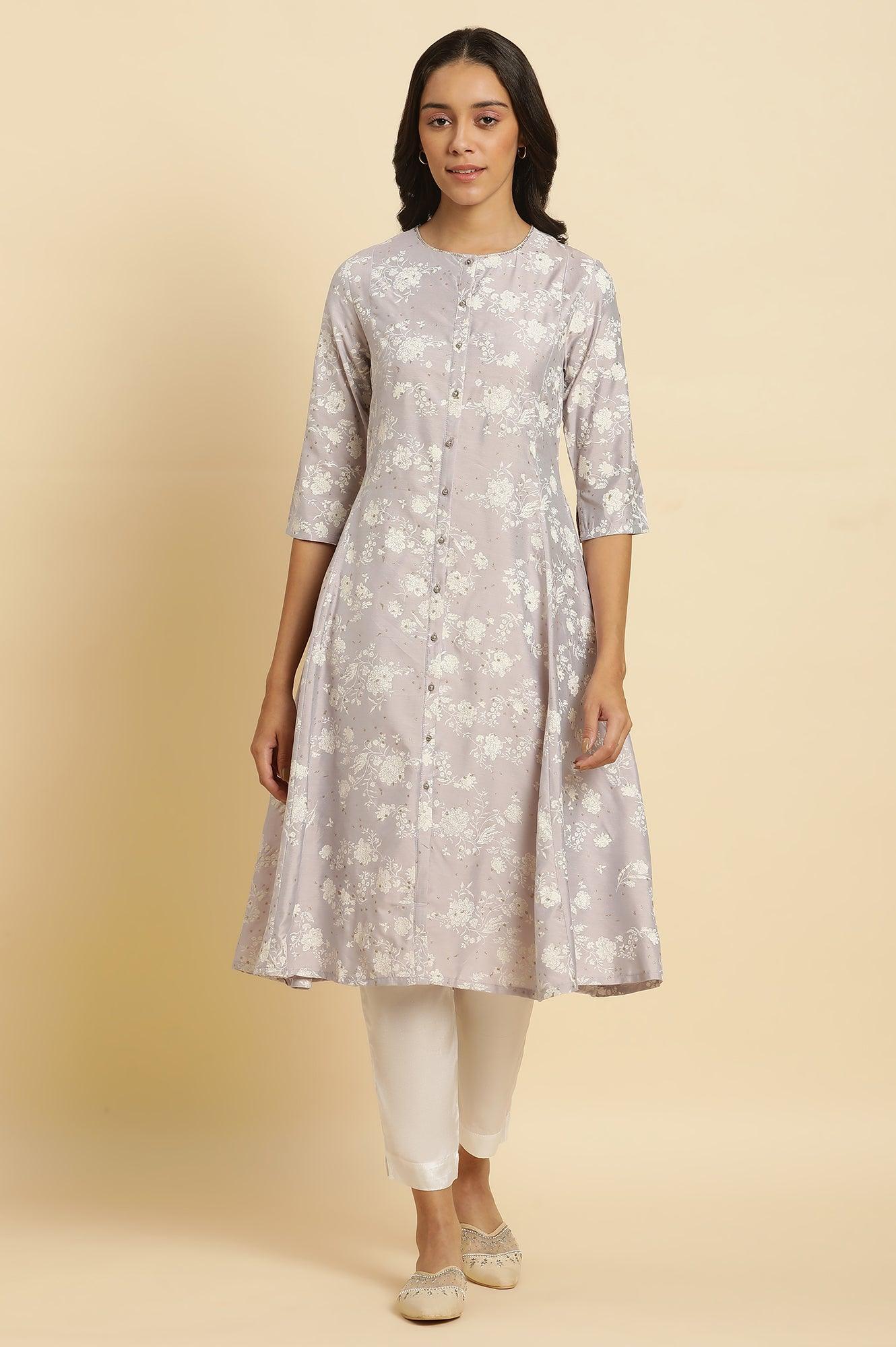 Grey Embellished Kurta And Pants Set - wforwoman