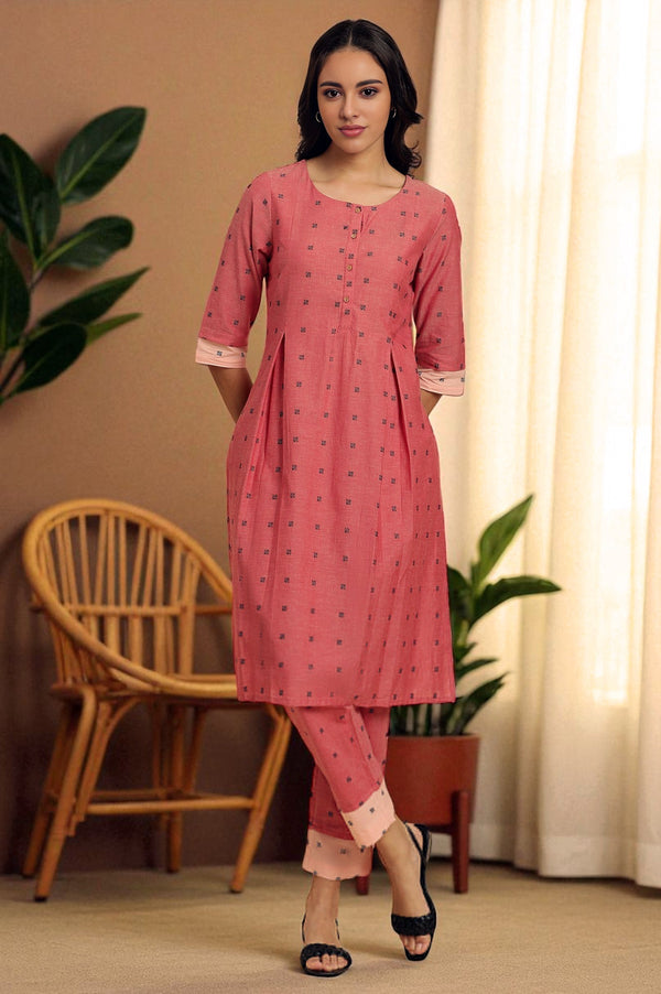 Red Printed Pleated Kurta And Pants Co-Ord Set