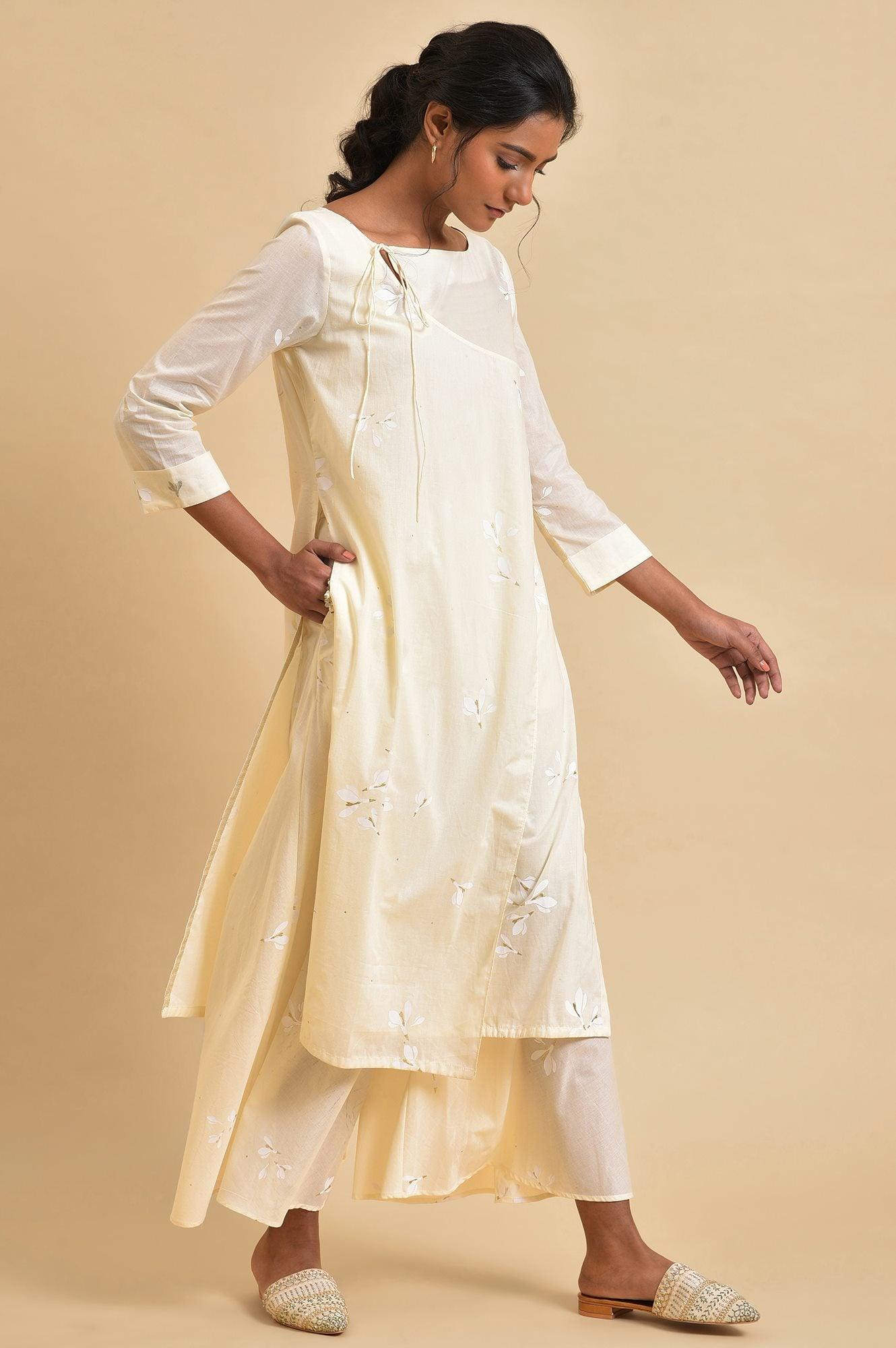 Ecru Floral Printed kurta Co-Ord Set - wforwoman