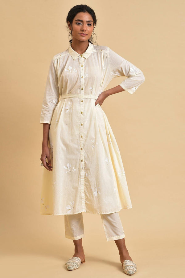 Ecru Floral Printed Shirt kurta Co-Ord Set With Belt