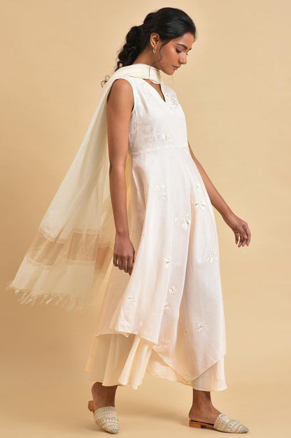 Ecru Layered Dress With Duptta Set - wforwoman