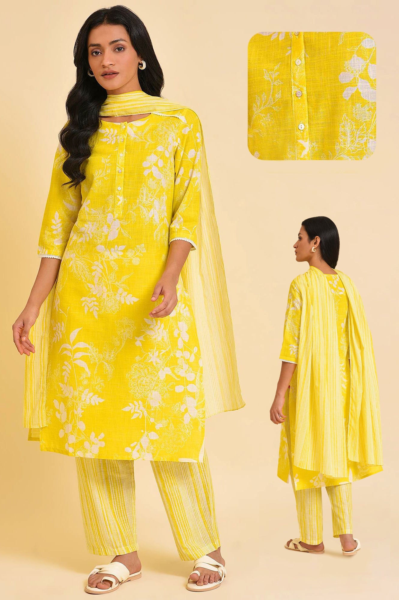 Yellow Floral Printed Pure Cotton Lace Kurta and Pants Set with Dupatta
