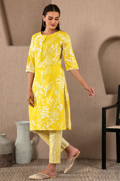 Yellow Floral Printed With Lace Pure Cotton Straight Kurta and Pants Set with Stripe Printed Dupatta