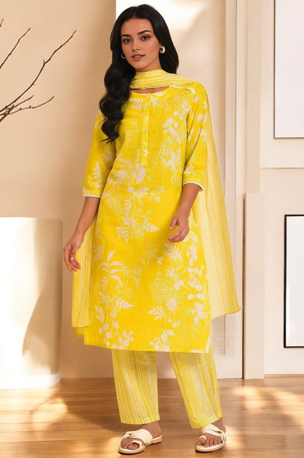 Yellow Floral Printed Pure Cotton Lace Kurta and Pants Set with Dupatta
