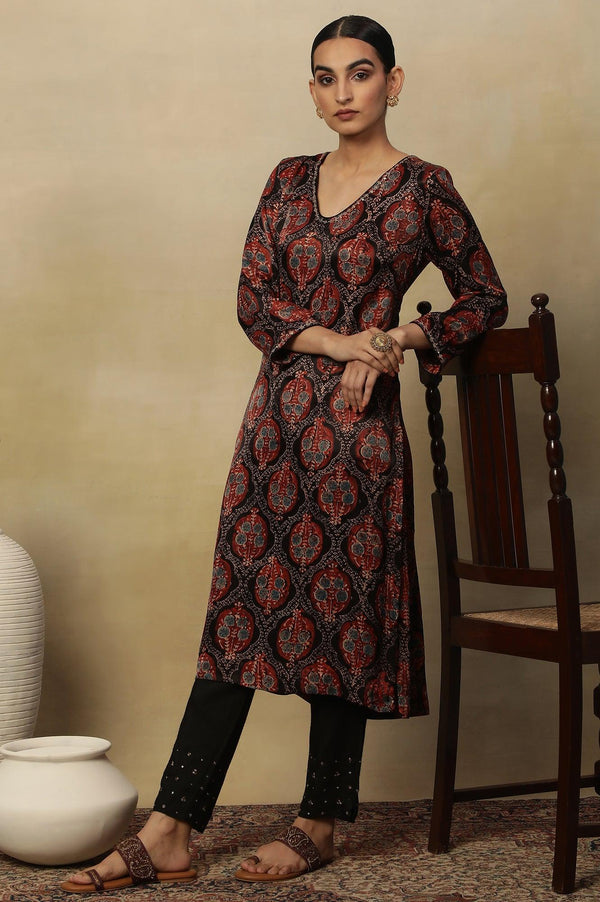 Dark Brown V-Neck Kurta Multi-Coloured Ajrakh Print