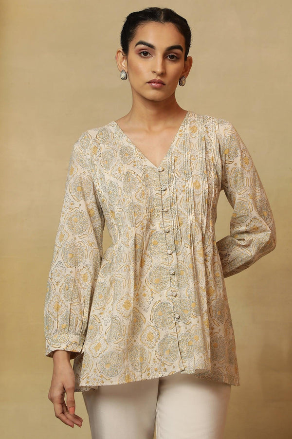 Ecru Block Print Pleated V-Neck Top
