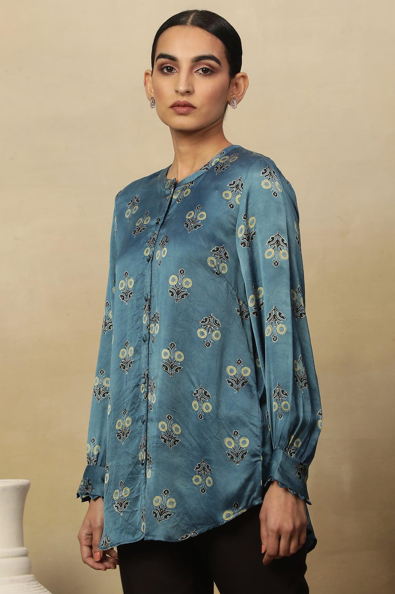 Light Blue Ajrakh Print Top In Lustrous Satin - wforwoman
