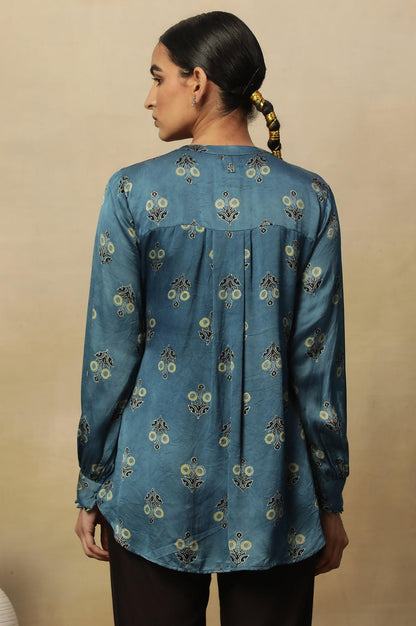 Light Blue Ajrakh Print Top In Lustrous Satin - wforwoman