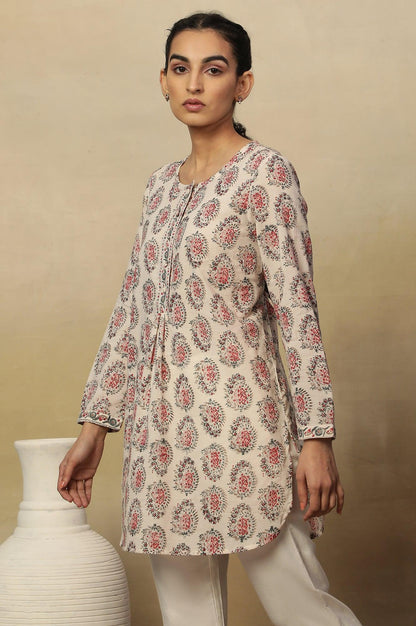 Ecru Block Print Round Neck Top In Cotton Voile - wforwoman