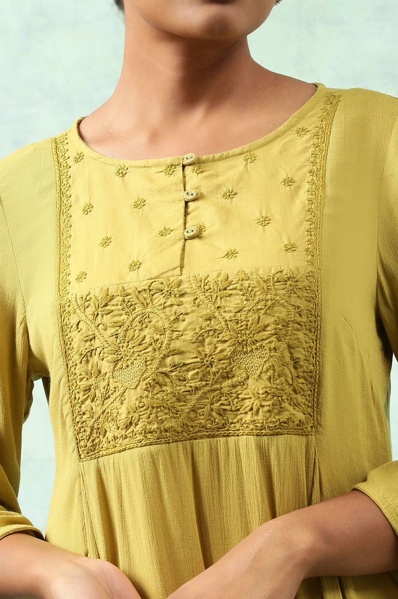 Green Flared Chikankari kurta In Rayon Crepe