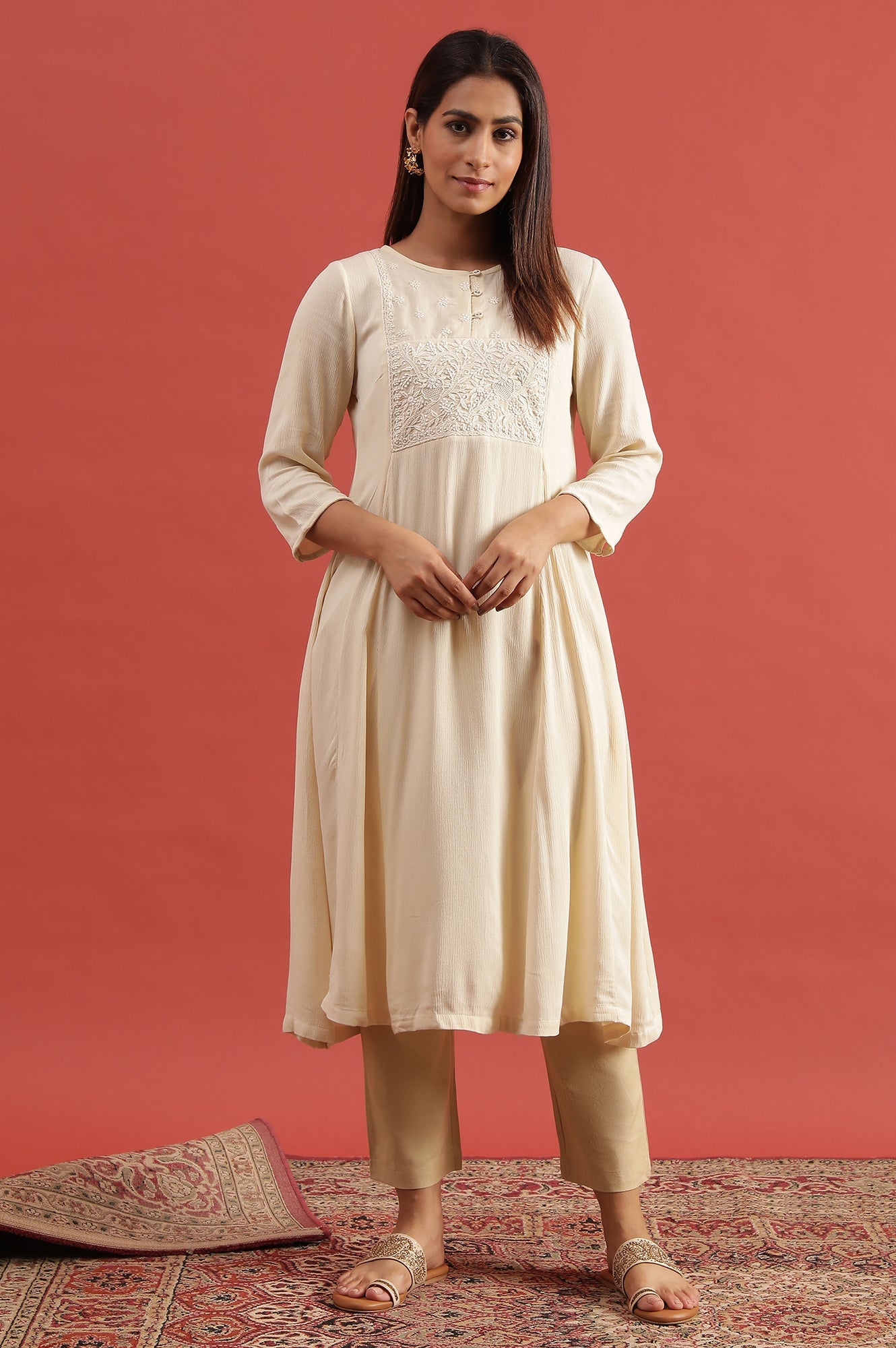 Creme Flared Chikankari Kurta In Rayon Crepe