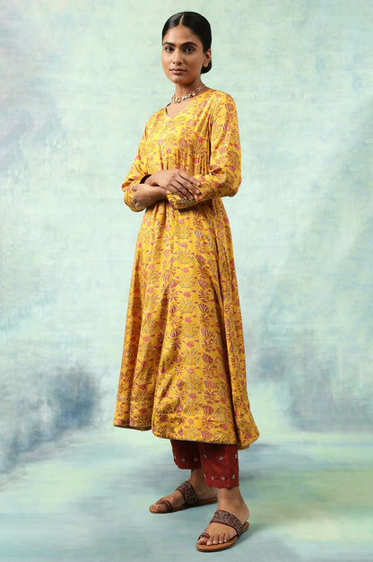 Yellow Hand Block Print Anarkali kurta