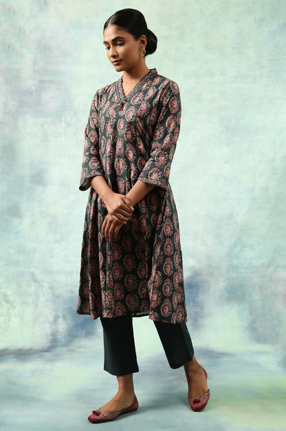 Dark Green Hand Block Print Flared kurta