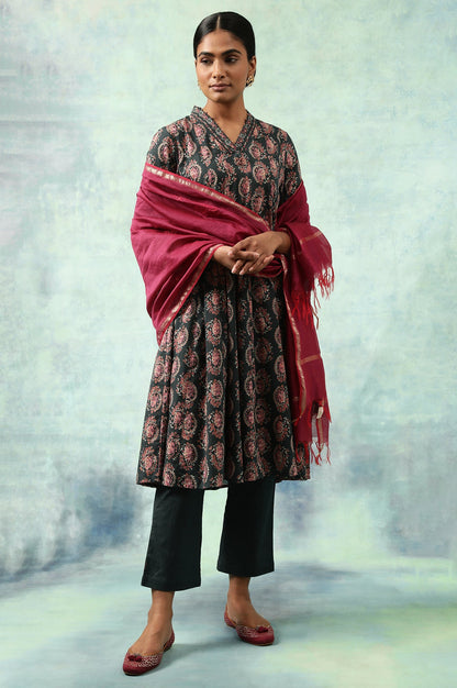 Dark Green Hand Block Print Flared kurta