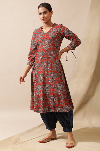 Red Hand Block Print Kurta In Cotton Slub