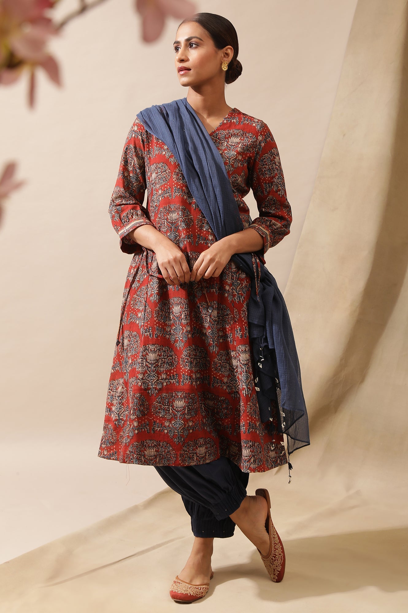 Red Hand Block Print Kurta In Cotton Slub