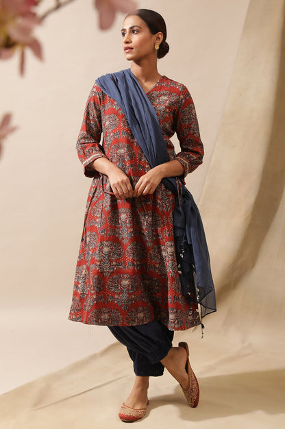 Red Hand Block Print Kurta In Cotton Slub