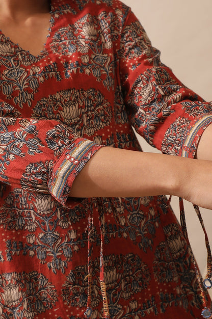Red Hand Block Print Kurta In Cotton Slub