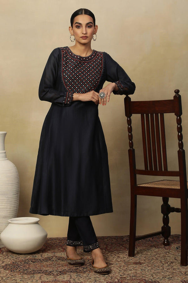Dark Blue Embroidered Cotton Silk Kurta