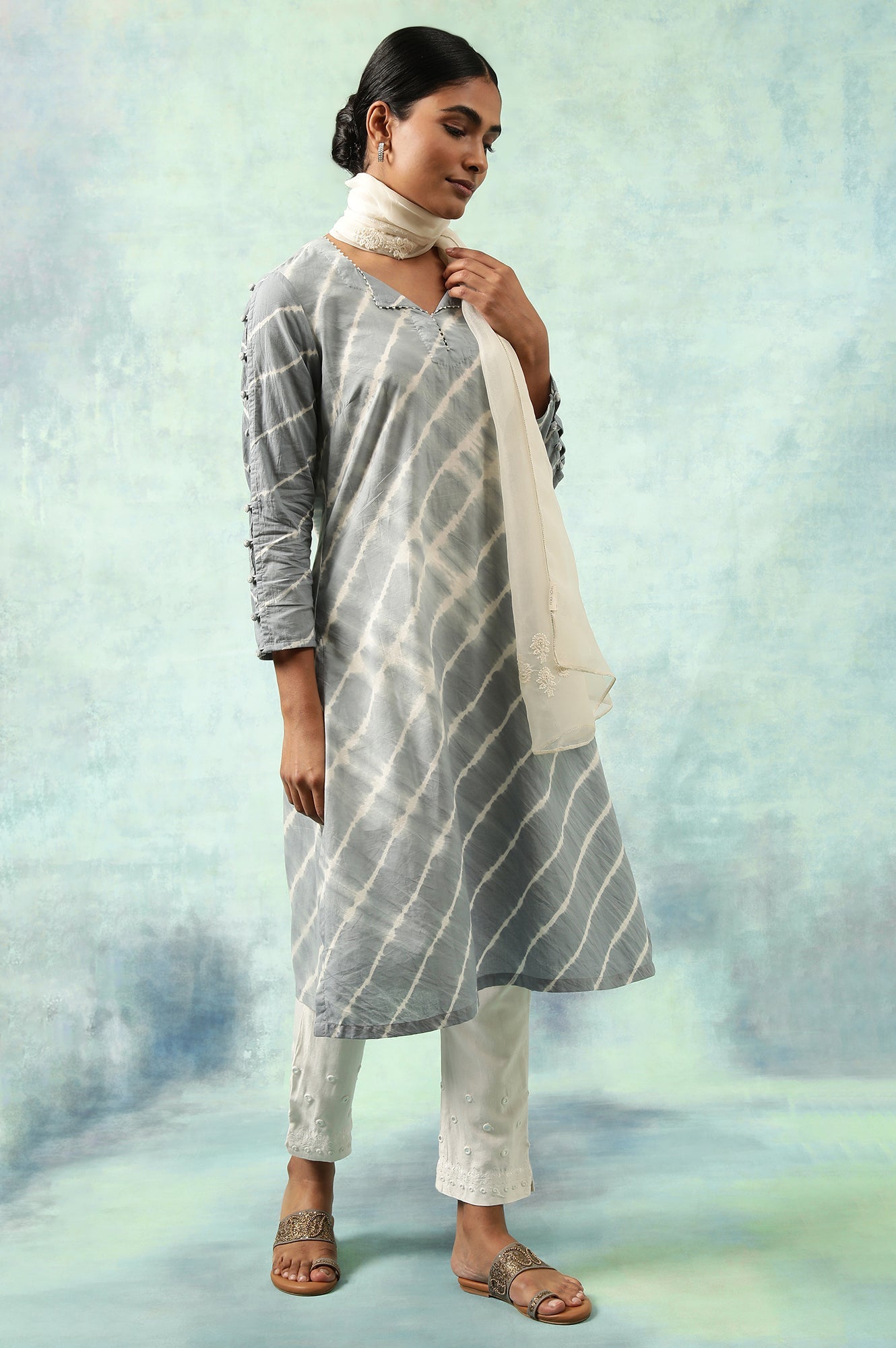 Light Blue Lehariya kurta In Soft Voile