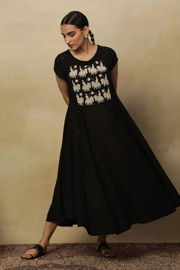 Black Modal Flax Applique Dress